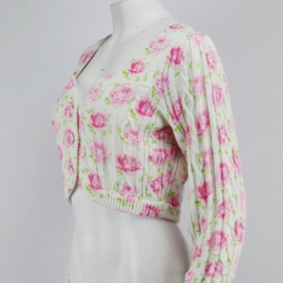 LoveShackFancy Cropped Floral Cotton Cardigan, Pink/Cream/Green, Size M (UK 10 / - Picture 4 of 4